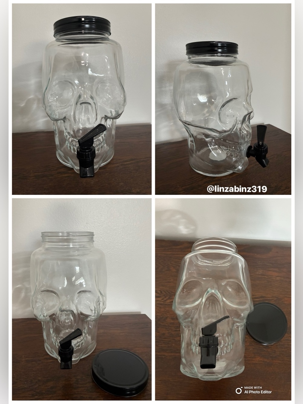 NWT- 1 Gal- Skull-Shaped Transparent Glass Drink Dispenser w/ Black Lid & Spigot